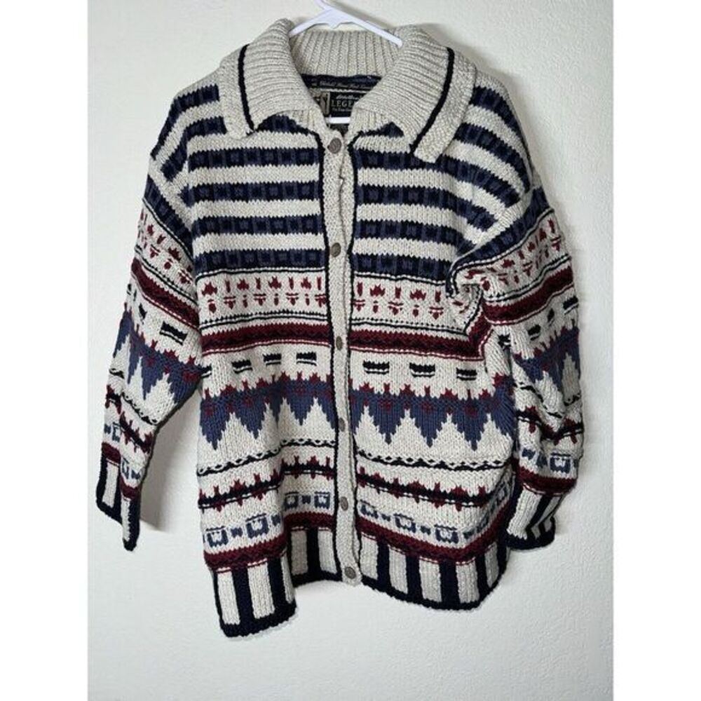 Eddie Bauer Legend Fair Isle Nordic‎ Cardigan Sweater Navy Cream SZ M Button-Up